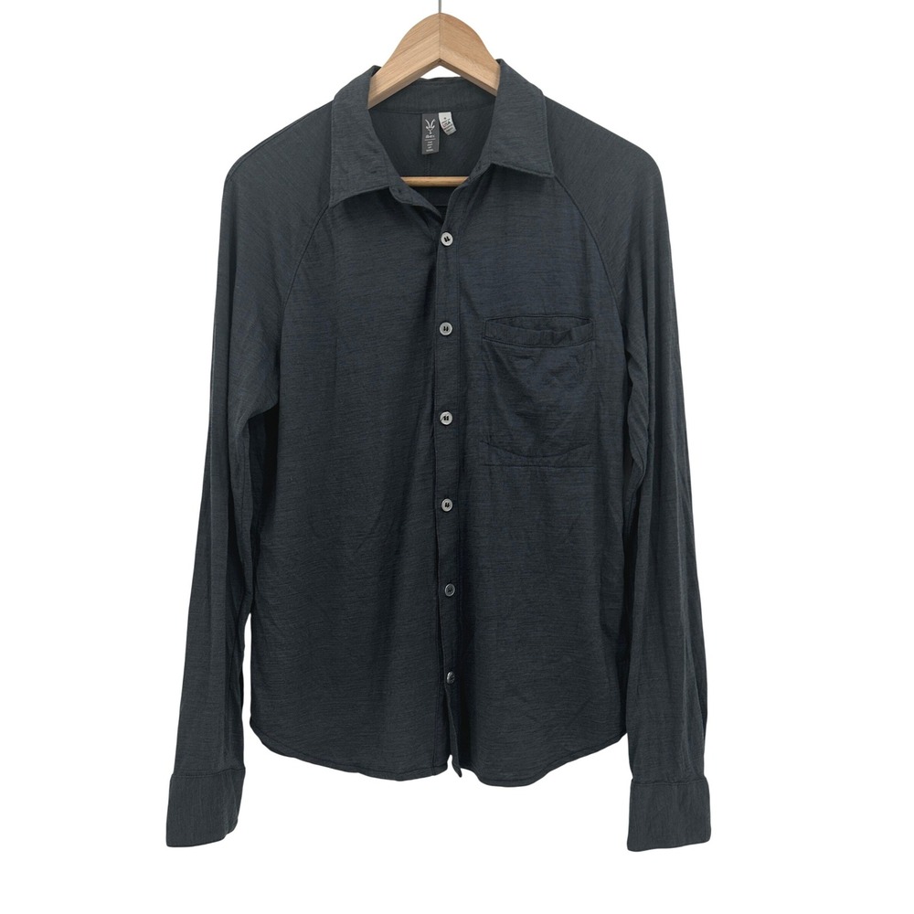 Ibex Merino Wool Button Down Shirt Mens Small Grey Long Sleeve Raglan Pocket USA